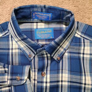 Sir Pendleton Wool Shirt Medium Blue/White/Gray  100% Worsted Wool Vintage